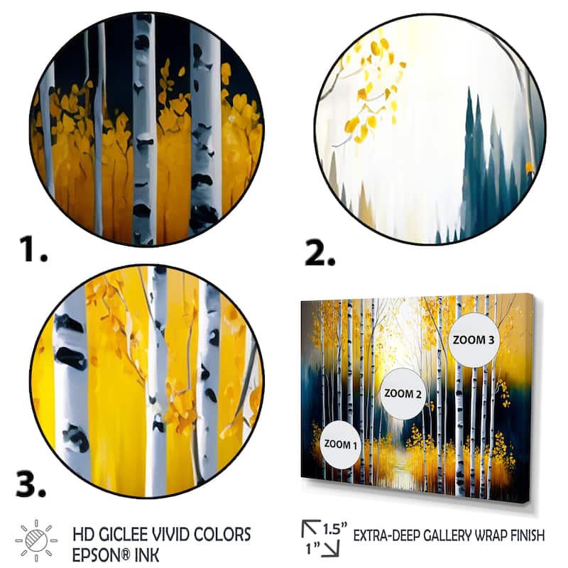 Designart "Monochrome Golden Birch Trees By The River III" Landscape River Forest Canvas Art